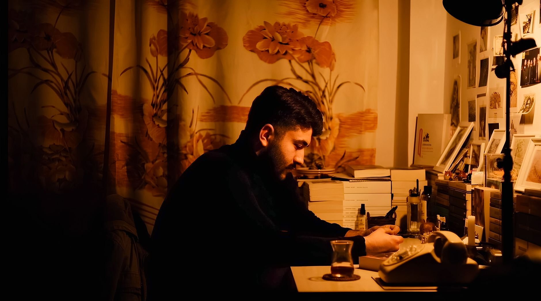 Man sitting at a desk in a retro room, surrounded by books and warm lighting, deep in thought.